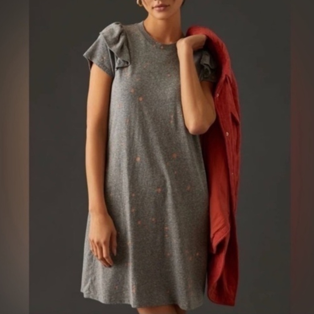 Clare V. Ruffle Sleeve Jersey T-Shirt Dress Gray Salmon Print Small